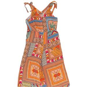 Haute Hippie Linen Blend Tribal Aztec Print Orange Tie Shoulder Jumpsuit, Sz 6/8